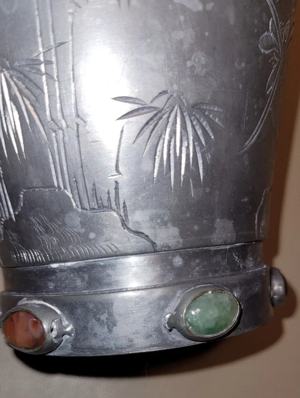 Chinese pewter vase With semi-precious stones From 1900 -1949.